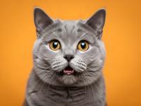 Surprised British Shorthair Cat With Amber Eyes on Bright Orange Background.jpeg